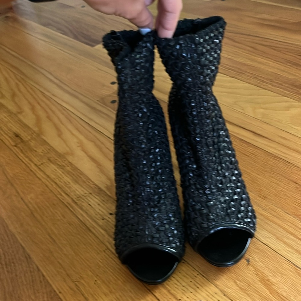 Zara Black Woven Peep-Toe Heeled Ankle Boots